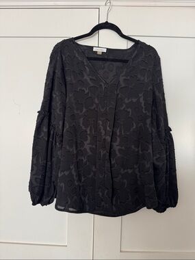 Calvin Klein Black Floral Burnout V-Neck Blouse with Balloon Sleeves